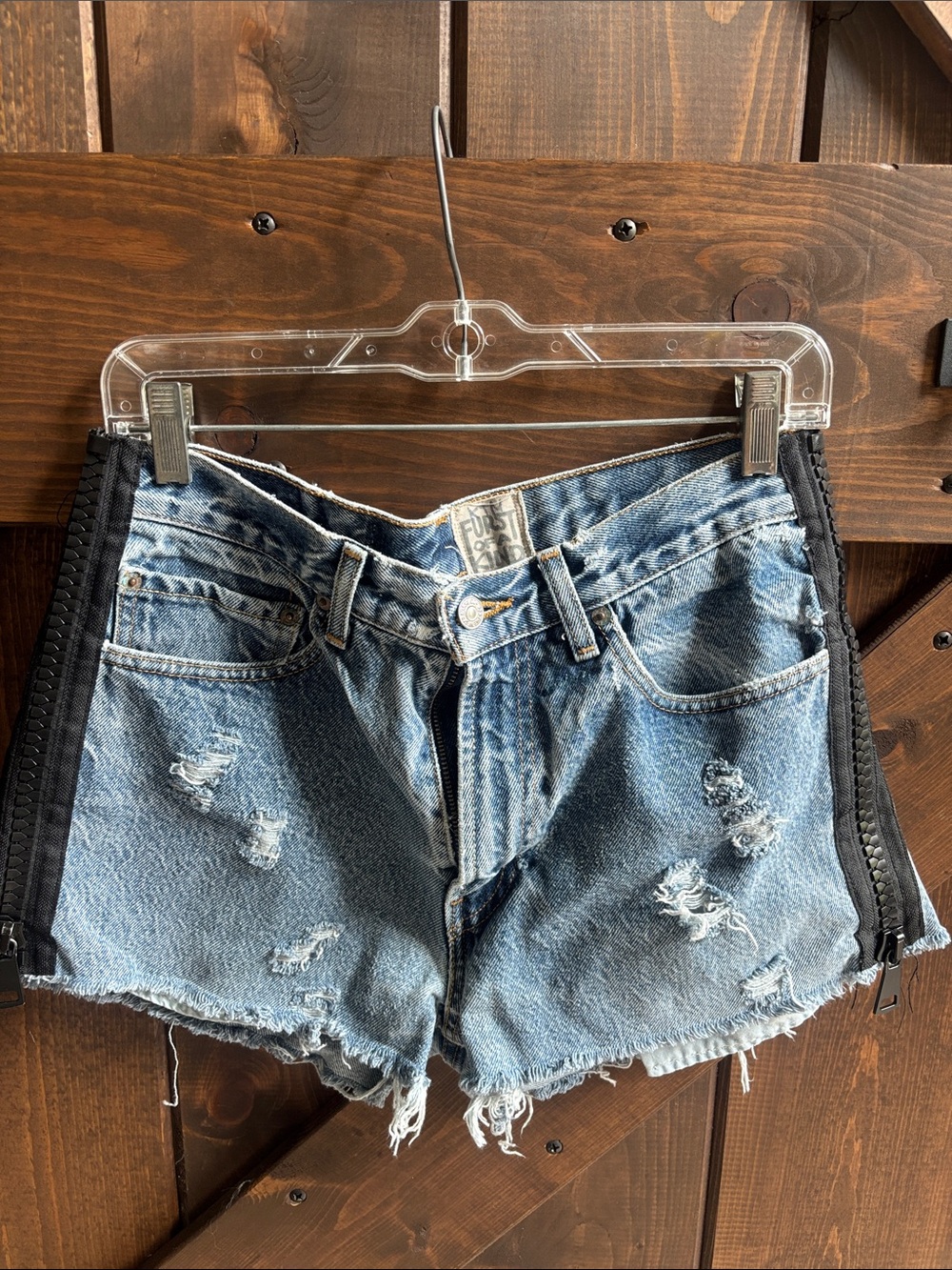 Light Blue Distressed Denim Shorts with Black Side Trim - Women's Jean Shorts